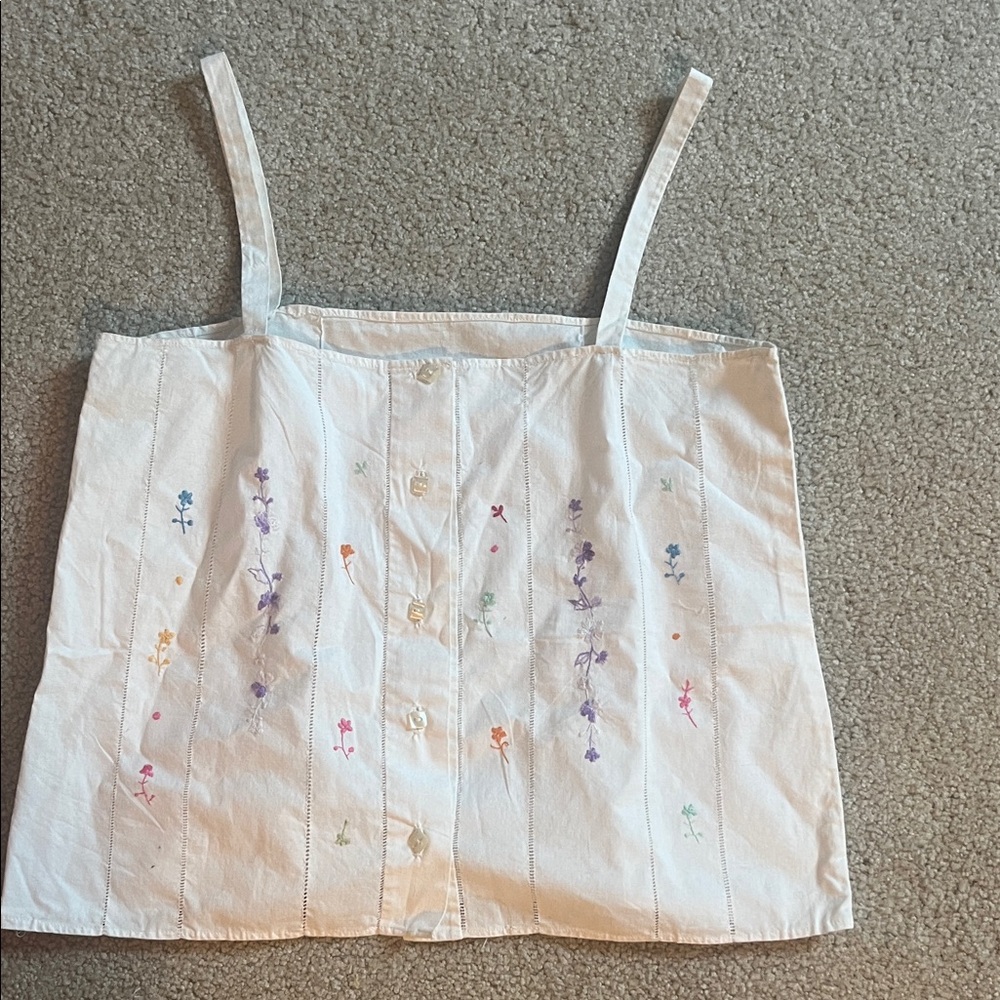 Handmade Floral Embroidered White Tank Top